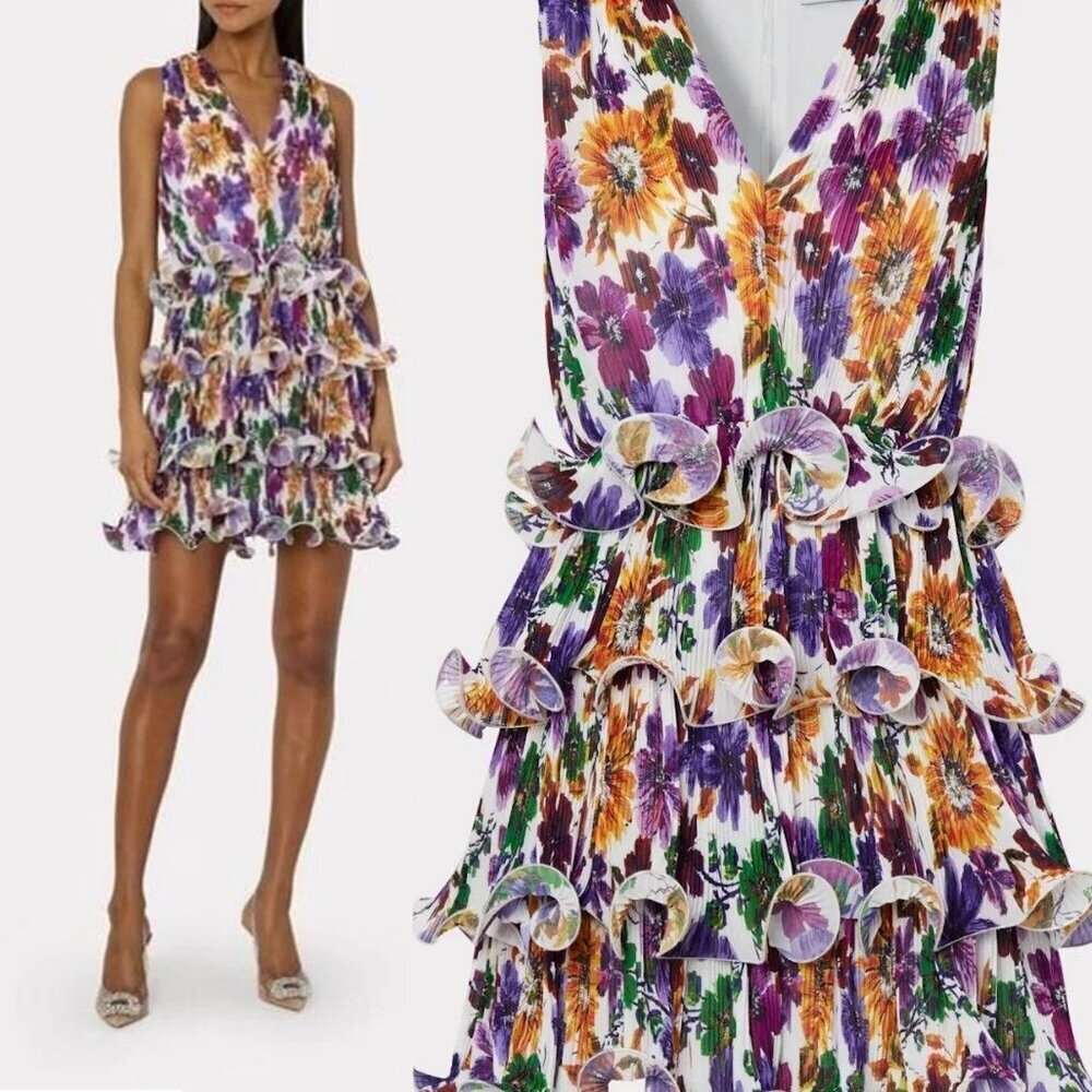 NWT New $495 MILLY Gia Wildflower Garden Chiffon Tiered Dress Size 12